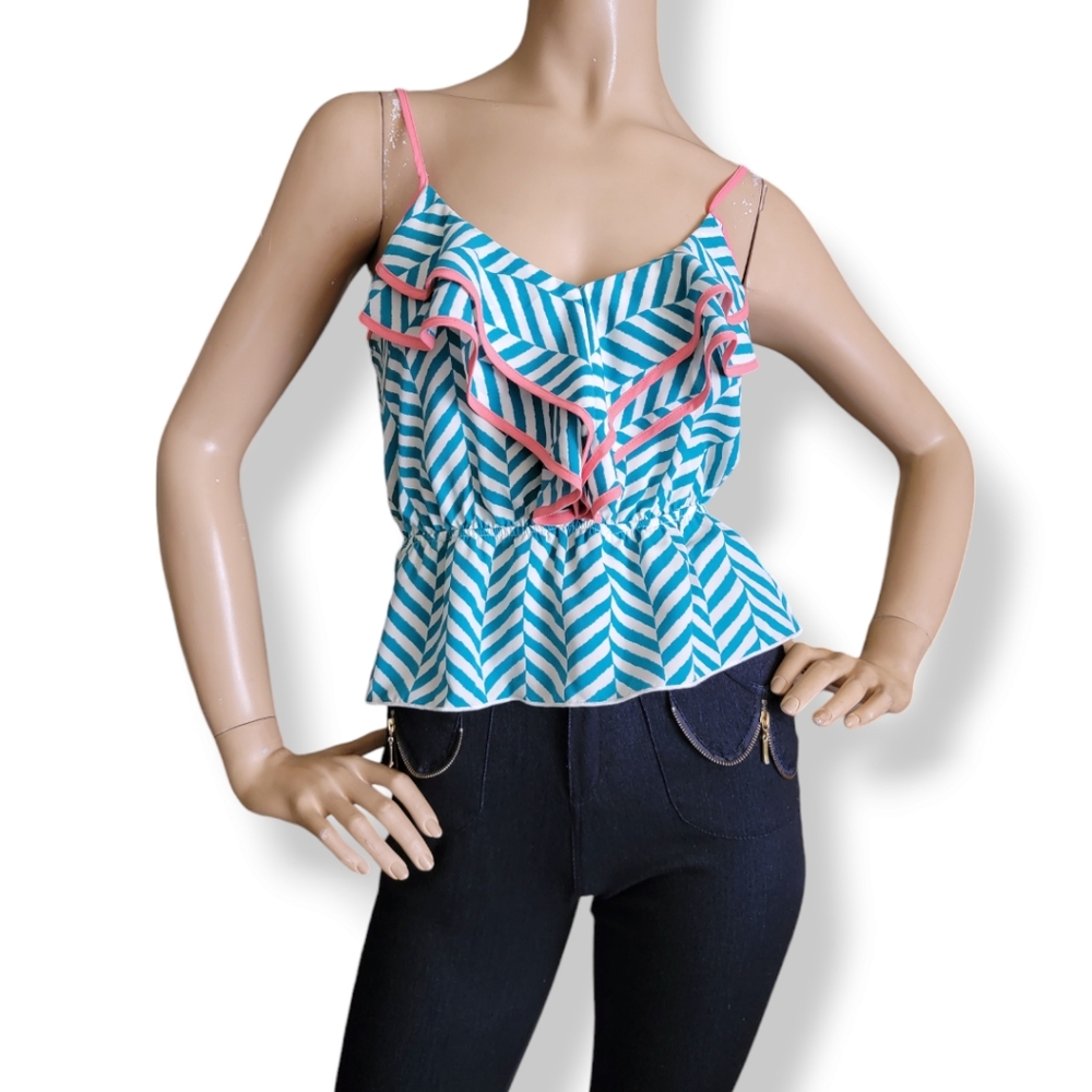 Bella D. Green & White V-Neck Geometric Striped Print Blouse - Picture 7 of 7